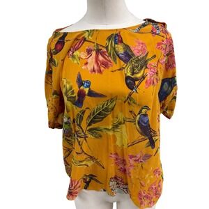 LEIFSDOTTIR Womens Bird Floral Print Short Sleeve Button Cuff Top Size 8 M Antro